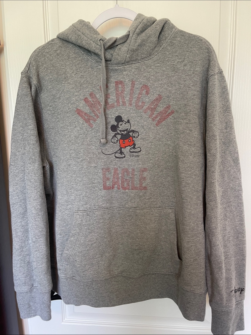 American Eagle Outfitters Gray Hoodie with Mickey Graphic and Red Accents